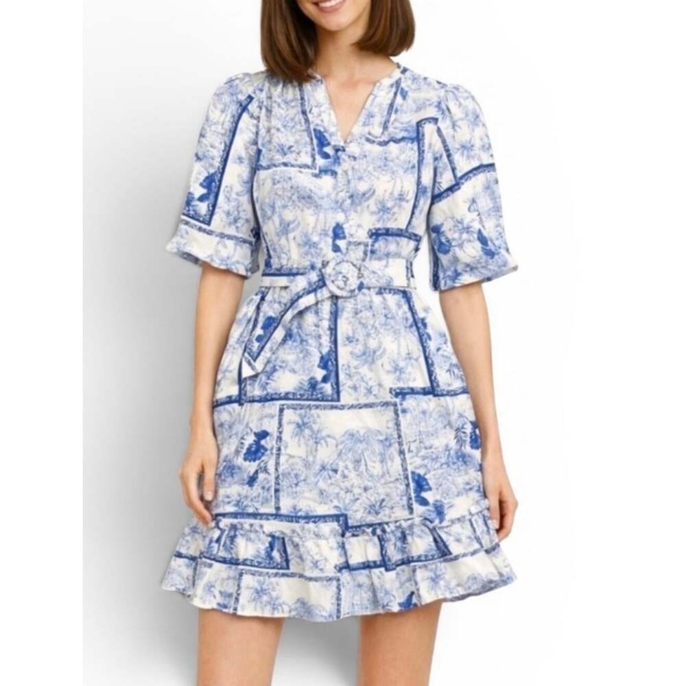 NWOT Joie Tropical Toile Belted Dress Women’s Size 6 Blue White Puff Sleeve